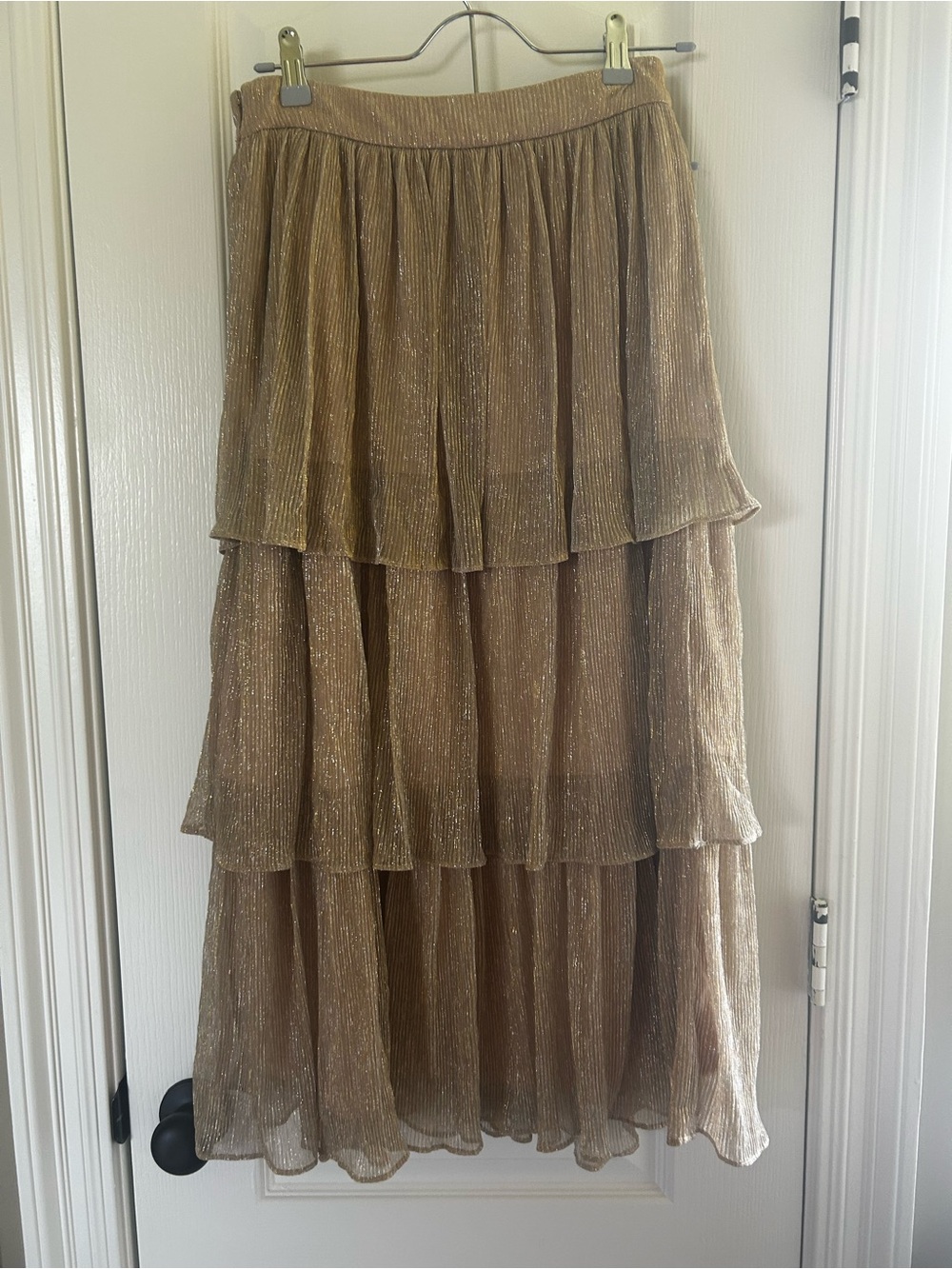 A Loves A Gold Metallic Tiered Midi Skirt Ruffle Shimmer Small S